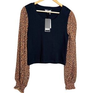 New with Tag DKNY Women's Cheetah Print Long Sleeve Ribbed Cropped Shirt Blouse